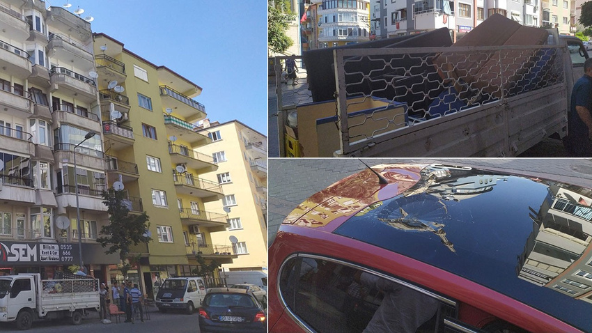 Seyir halindeki otomobilin üzerine 5’inci kattan atılan koltuk düştü!
