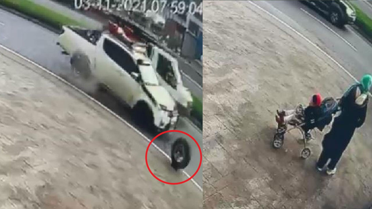 Kamyonun fırlayan lastiği çocuk arabasına çarptı!
